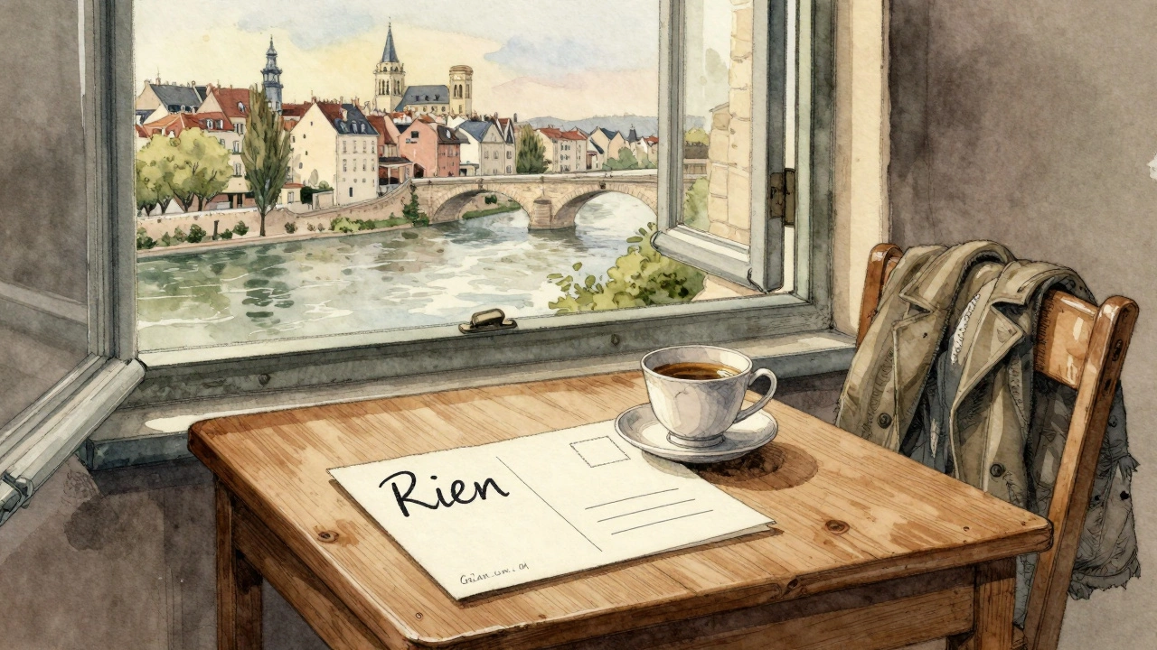 A handwritten postcard saying &#039;Rien&#039; lies beside a teacup and coat by a riverside window.