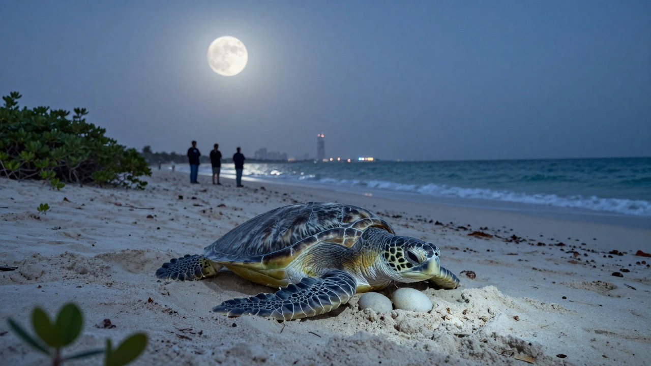 A sea turtle lays eggs on a moonlit Dubai beach as volunteers watch quietly in the distance.