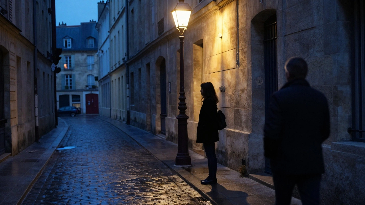 A woman and stranger exchange a quiet nod beneath a streetlamp in a Bordeaux alley at dusk.
