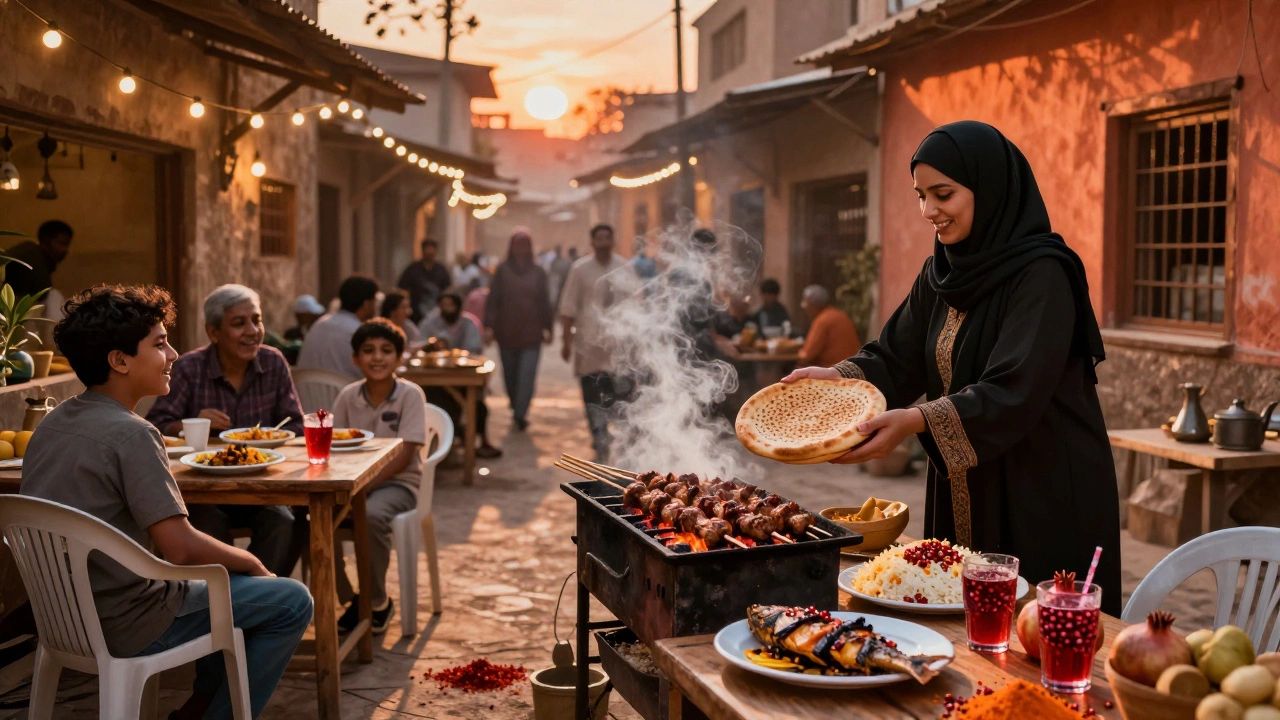 Satwa food alley at sunset with families enjoying kebabs, rice, and fresh bread under string lights.